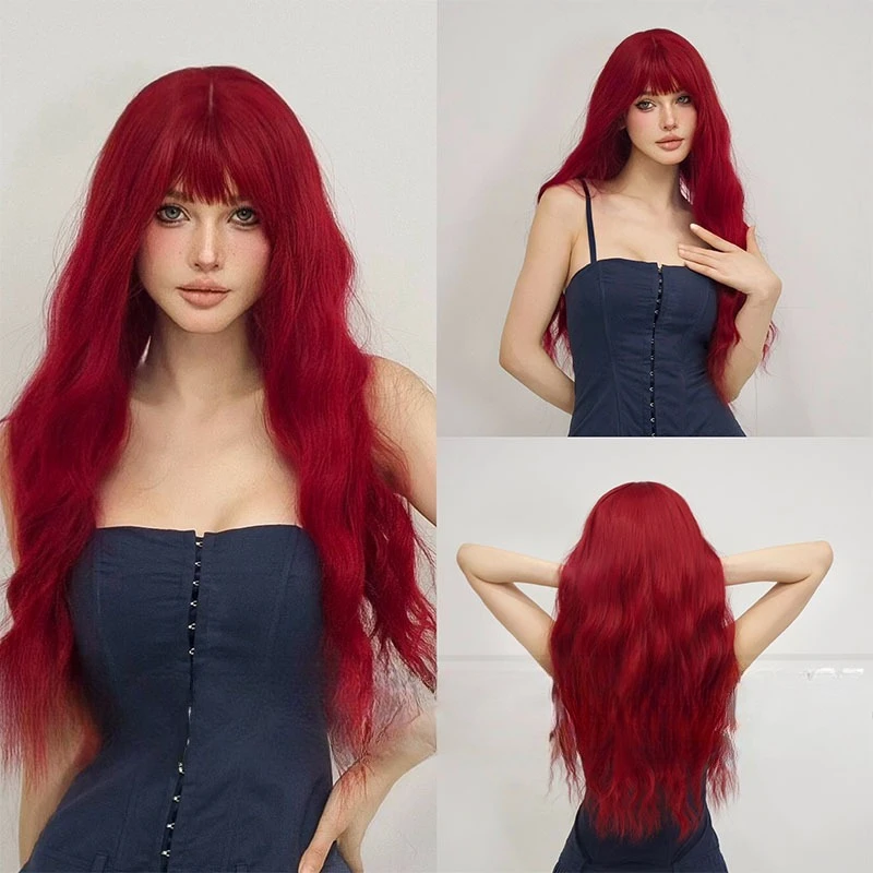 

Popular Fashion Burgundy Qi Bangs Water Ripple Long Curly Hair Natural Fluffy Full Head Wig