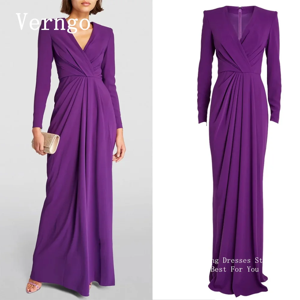 Verngo Purple Crepe Evening Dress Deep V Neck Full Sleeves Prom Gown Simple Mermaid Formal Occasion Dress Outfit