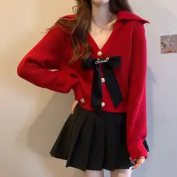 Cárdigan de punto con cuello en V rojo para mujer, suéteres sueltos de manga larga con botones de Color sólido, ropa de moda dulce y Linda, primavera y otoño, nuevo