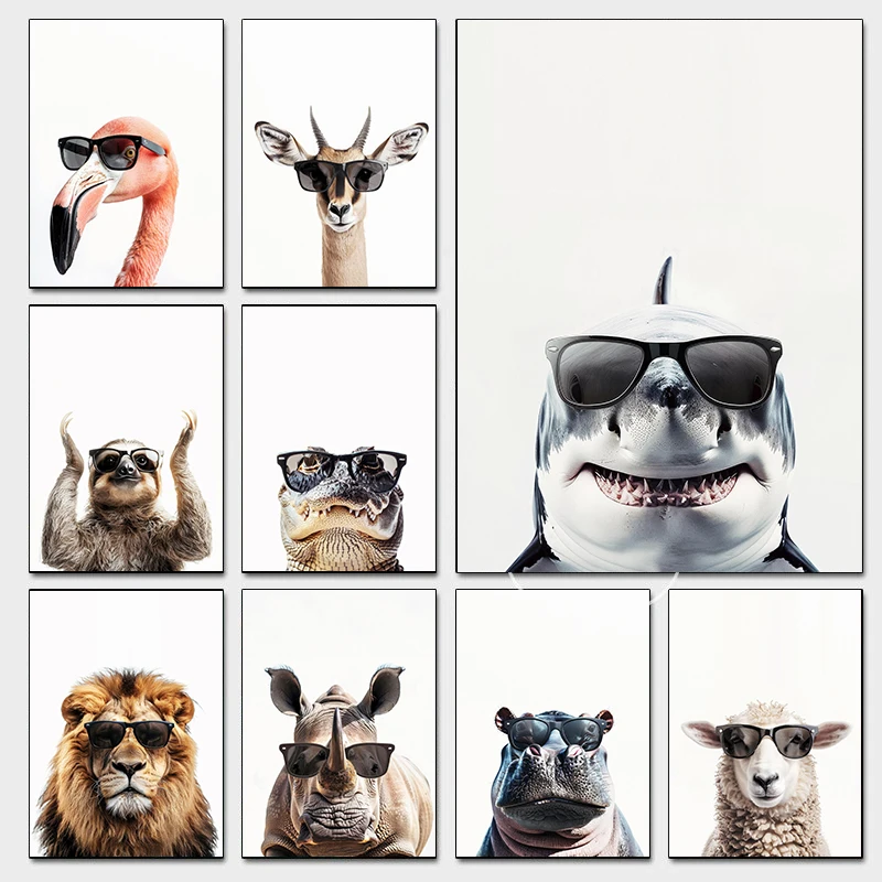 (2D Canvas Painting) Funny Animal Wearing Sunglasses Posters Cartoon Great White Shark Prints Canvas Paintings Wall Art Pictu