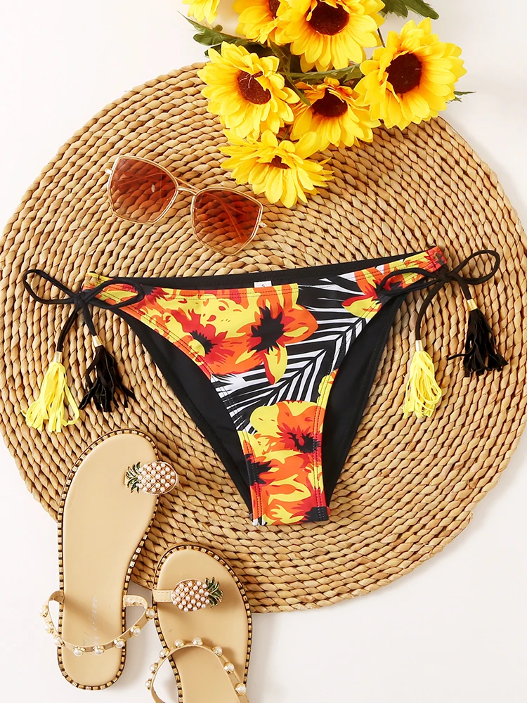 Bikini Bottoms 2024 New Women\'s Swimming Suit High Waisted Swimwear Bottom Print Tassel Beach Wear Brazilian Bathing Suit Summer