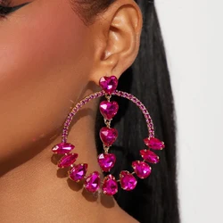 Fashion Pink Crystal Large Hoop Earrings Heart Pendant for Women Bridal Jewelry Exaggerate Rhinestone Earrings Christmas Gift