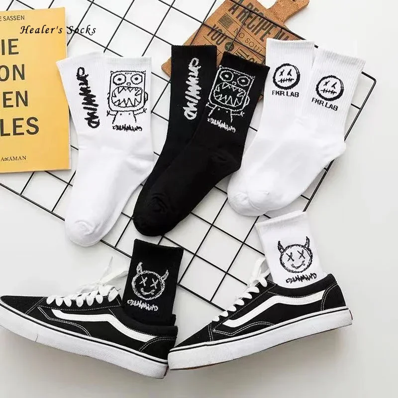 Black White Graffiti Fashion Long Men Women Socks Cotton Simplicity Anime Devil Grimace Harajuku Funny Hip Hop Sox Unisex Socks