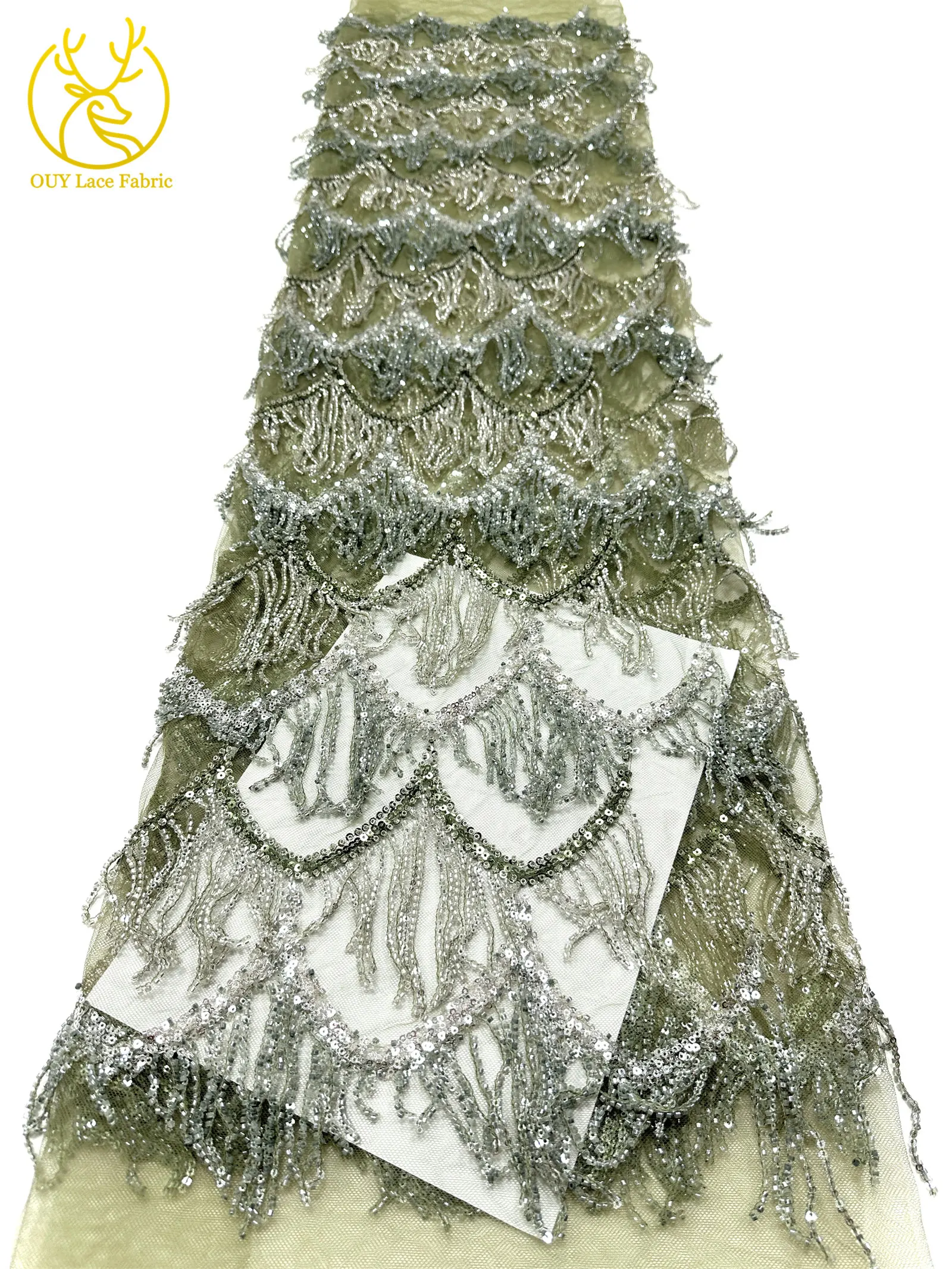 Hochwertiger nigerianischer 3D-Hängeperlen-Spitzenstoff, 5 Yards, hochwertiger französischer afrikanischer Pailletten-Spitzenstoff für Mädchen-Abendpartys – Detail 23