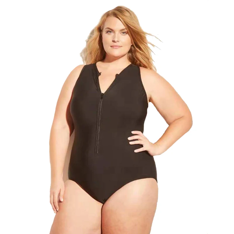 Black Strapped Plus Size Swimwear Women Zipper Push Up Large One Piece Swimsuit Beach Chubby Big Bathing Suit