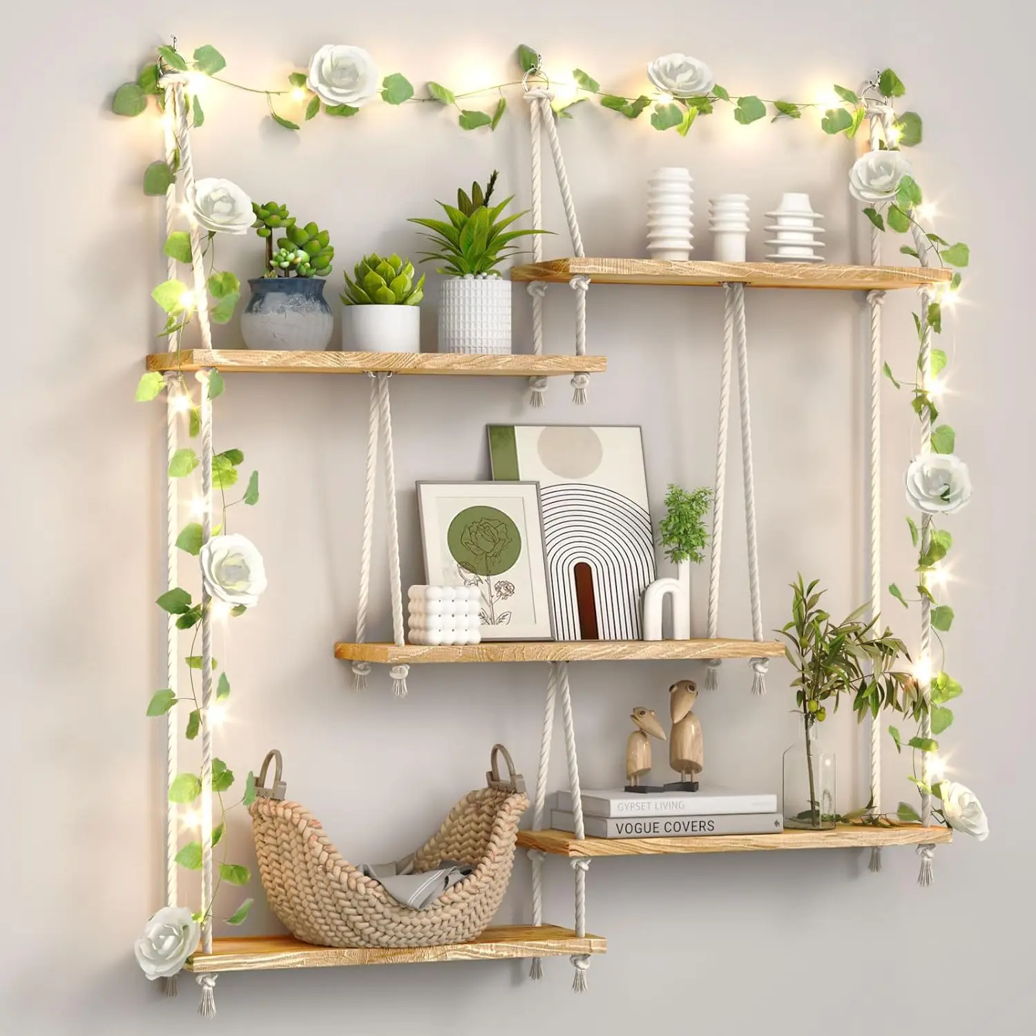 

5-Tier Macrame Hanging Plant Shelf with Vine Lights, Boho Wall Decor for Succulents – Wood Floating Shelf for Bedroom, Bathroom,