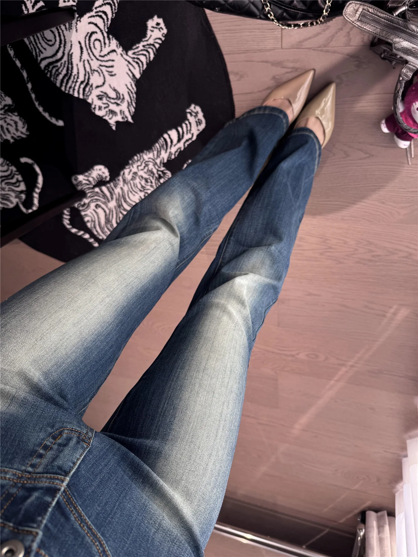 

Deep Blue Bell Bottom Jeans Women's Slimming Washed Low Waist Spring Fashion High Rise Wide Leg Jeans Casual Cotton Denim