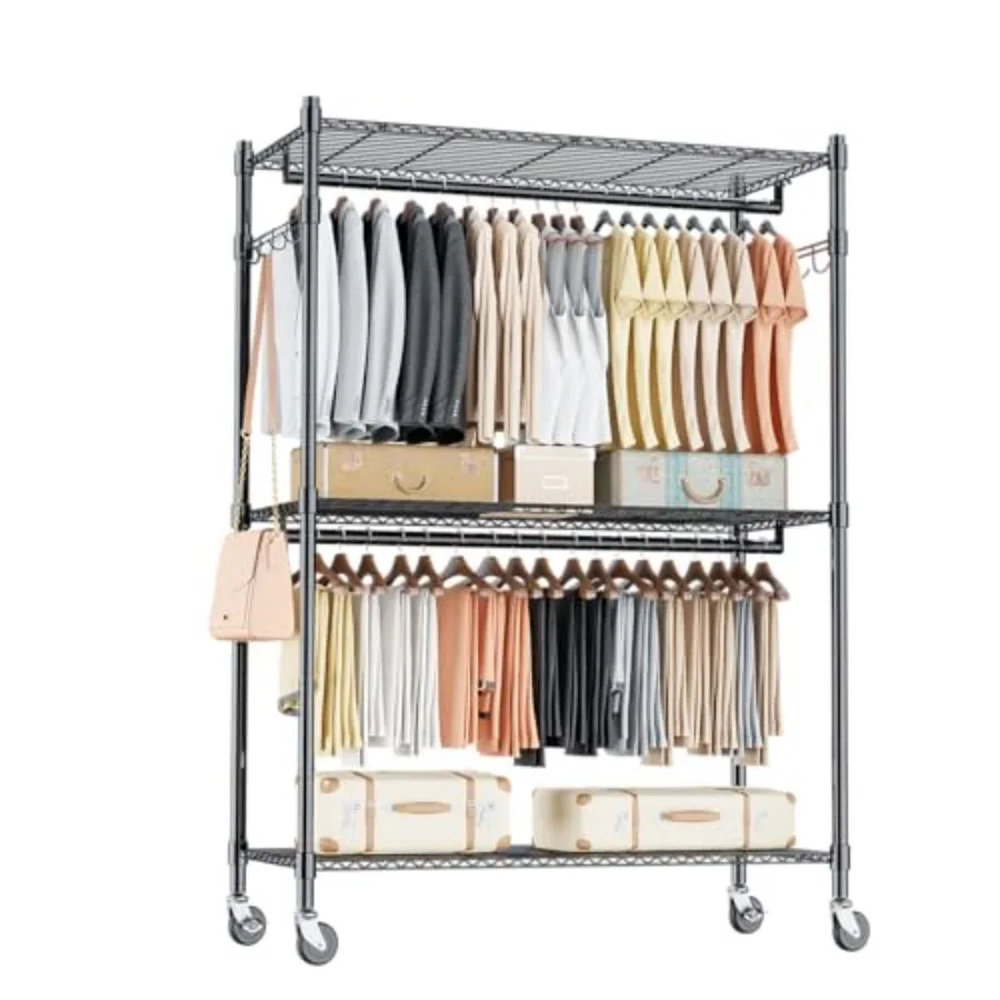 

3 Tier Heavy Duty Garment Rack with Wheels, Adjustable Wire Clothes Rack with Double Hanging Rods, Portable Closets for Hanging