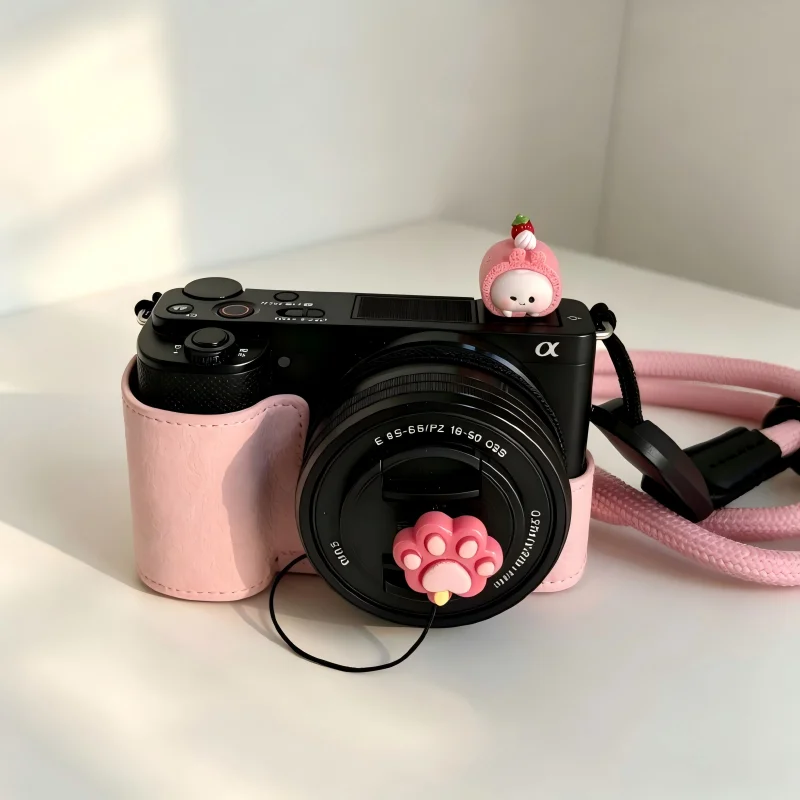 Cute Strawberry Bunny Hot Shoe Cover & Cat Paw Lens Cap Anti-Lost Rope, 3D Kawaii Dustproof For Canon Sony Nikon Fuji Canon
