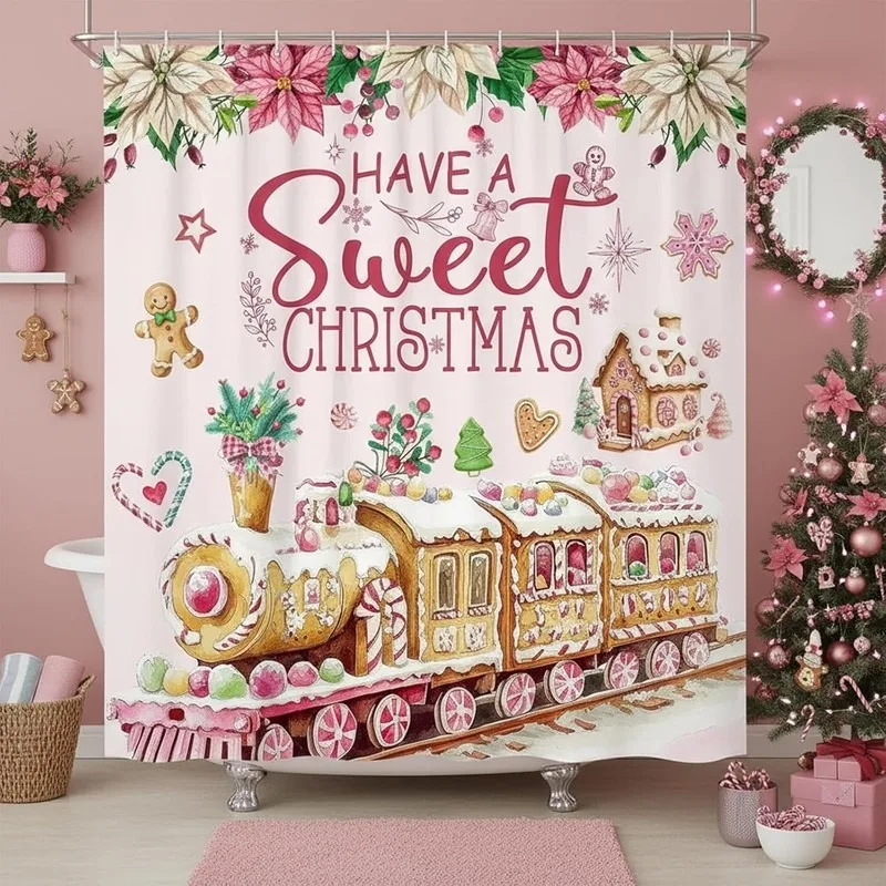 Pink Gingerbread Candy Train Poinsettia Christmas Shower Curtain No Drilling Bathroom Decor Set with 12 Hooks