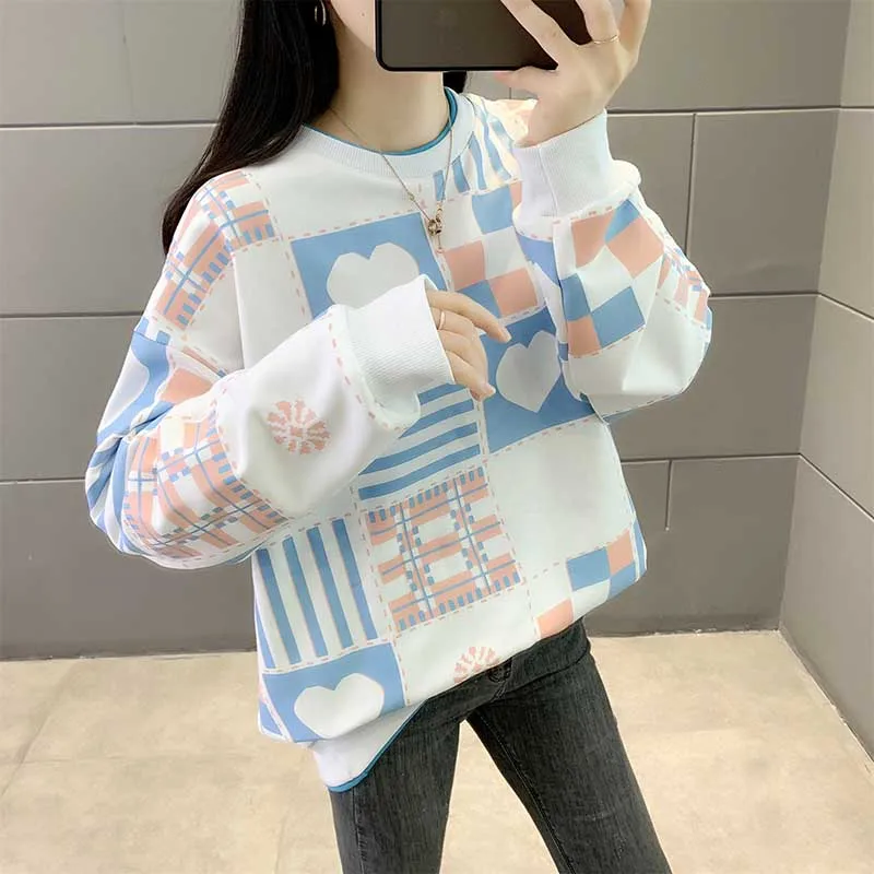 Sweet O-Neck Printed Loose All-match Sweatshirts Female Clothing 2023 Autumn Winter Oversized Korean Tops Casual Sweatshirts