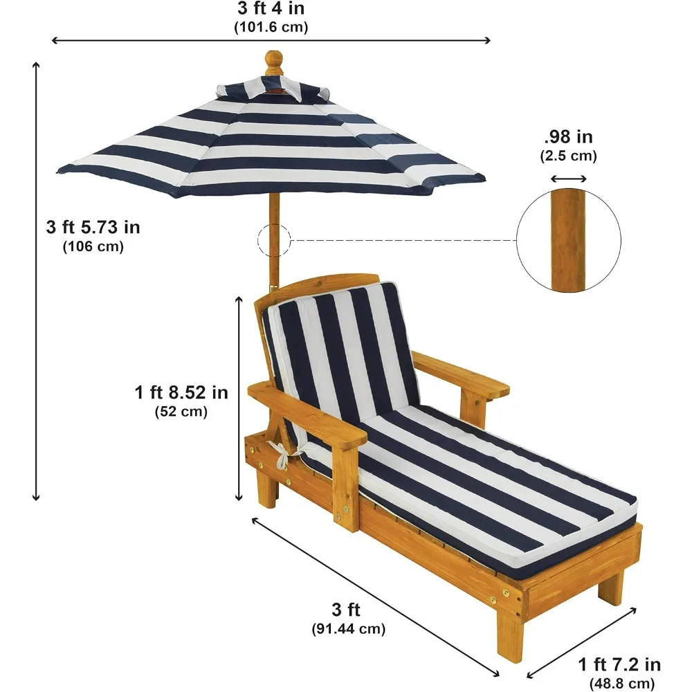 Outdoor Wooden Chaise Lounge,Backyard Furniture Chair with Umbrella and Cushion,for Kids or Pets,Navy and White Striped Fabric