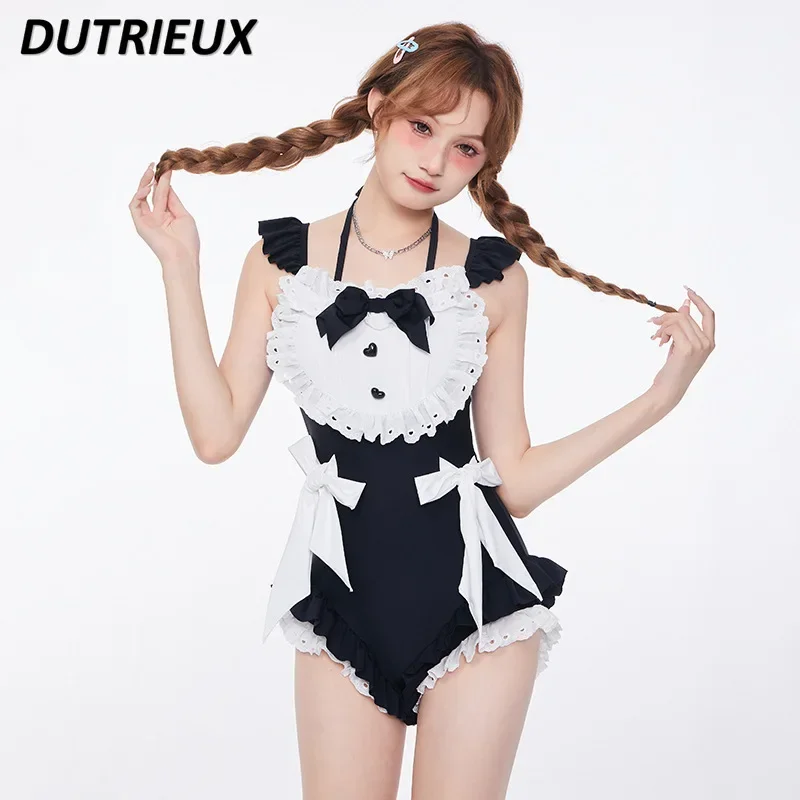 2024 New Japanese Style Fashion One-Piece Suits Bowknot Ruffled Seaside Spring Summer Swimsuit Sweet Cute Swimwear Women