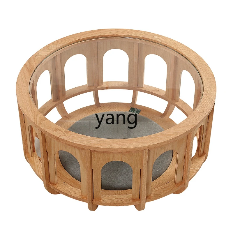 

YHM round glass solid wood coffee table modern simple household