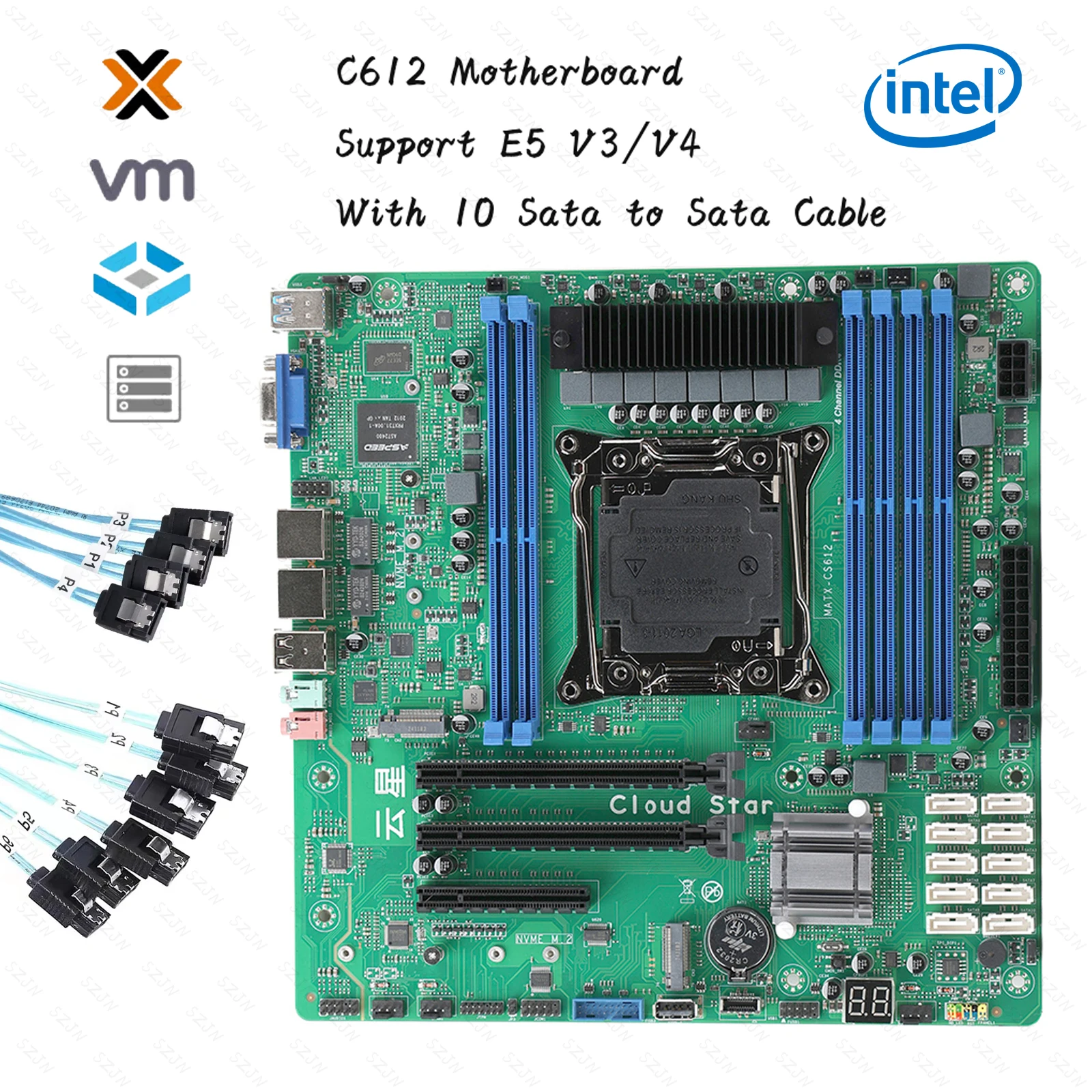 Nas Motherboard Kit Xeon C612 Chip 10 SATA Cable Support E5 V3/V4 Turbo DDR4 Max 96GB PCIE Split for NAS Router 2x2.5GbE 24*24cm