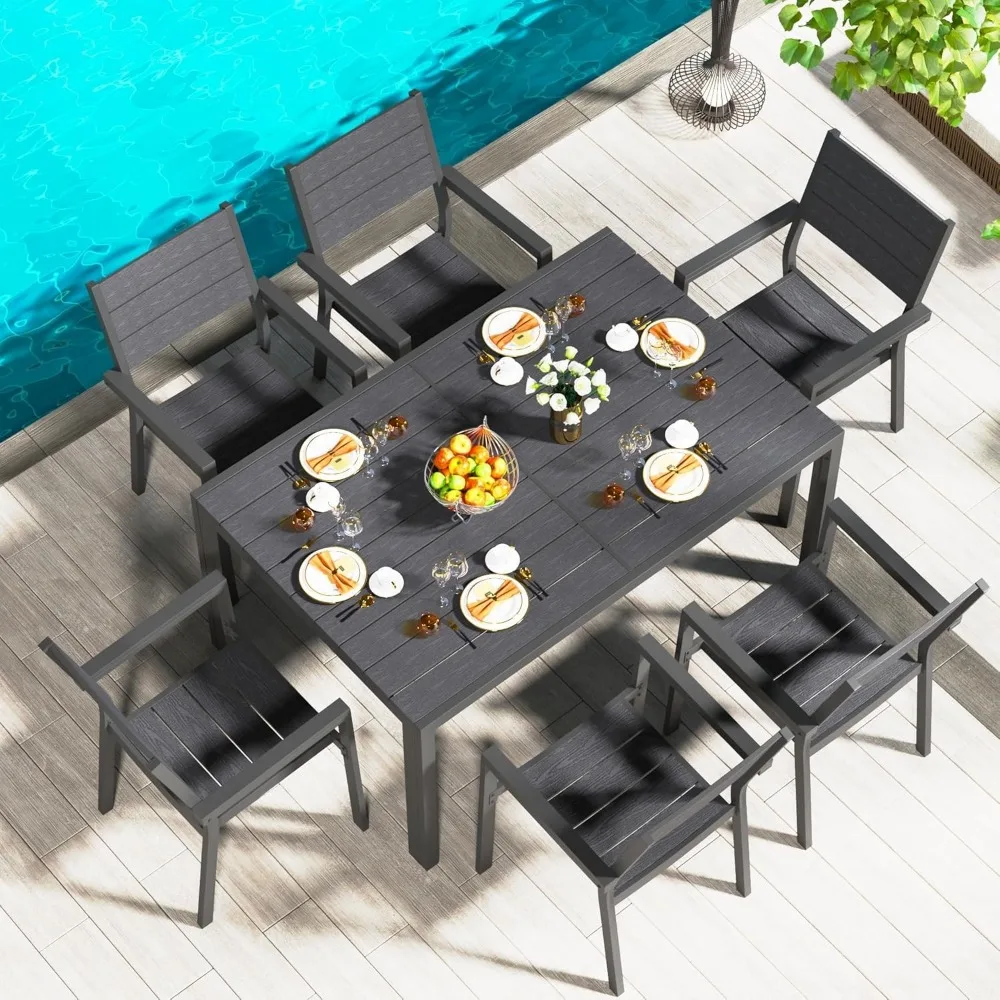 

7 Piece Outdoor Dining Set, 60" x 36" Aluminum Patio Table and Chairs Set for 6 with Rectangular Table and Stackable Chairs for
