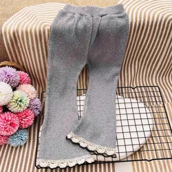 Girls Pants Ruffle Causal All-match Solid Lovely and Sweet Spring Autumn Elastic Waist Ankle-length Boot Cut Princess Style