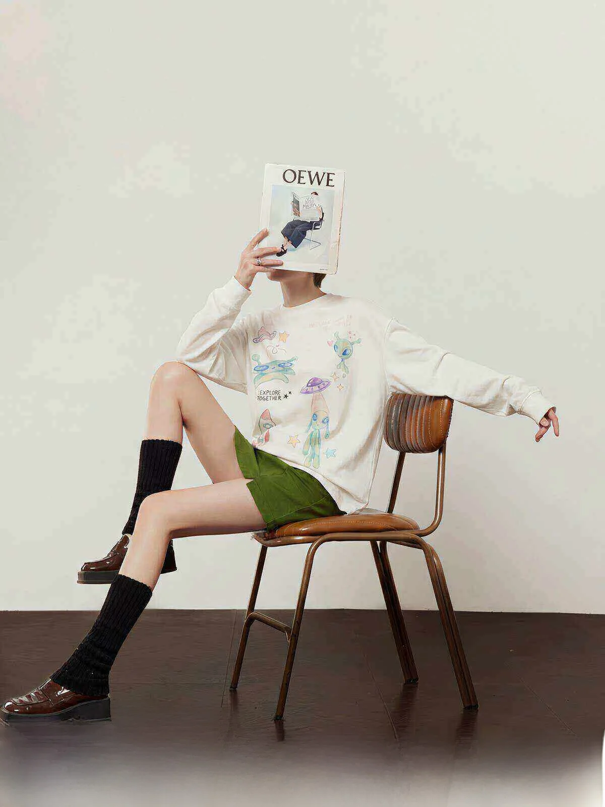

Alien Little Green Women's Loose Casual White T-shirt Spring 2026 New Style Pure Cotton Long Sleeve round Neck Top
