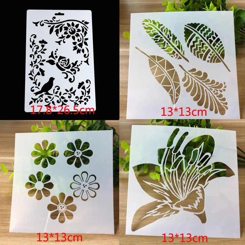 

4pc/set Stencils Painting Template DIY Decoration Flower Bird Scrapbook Coloring Album Embossing Reusable Office School Supplies