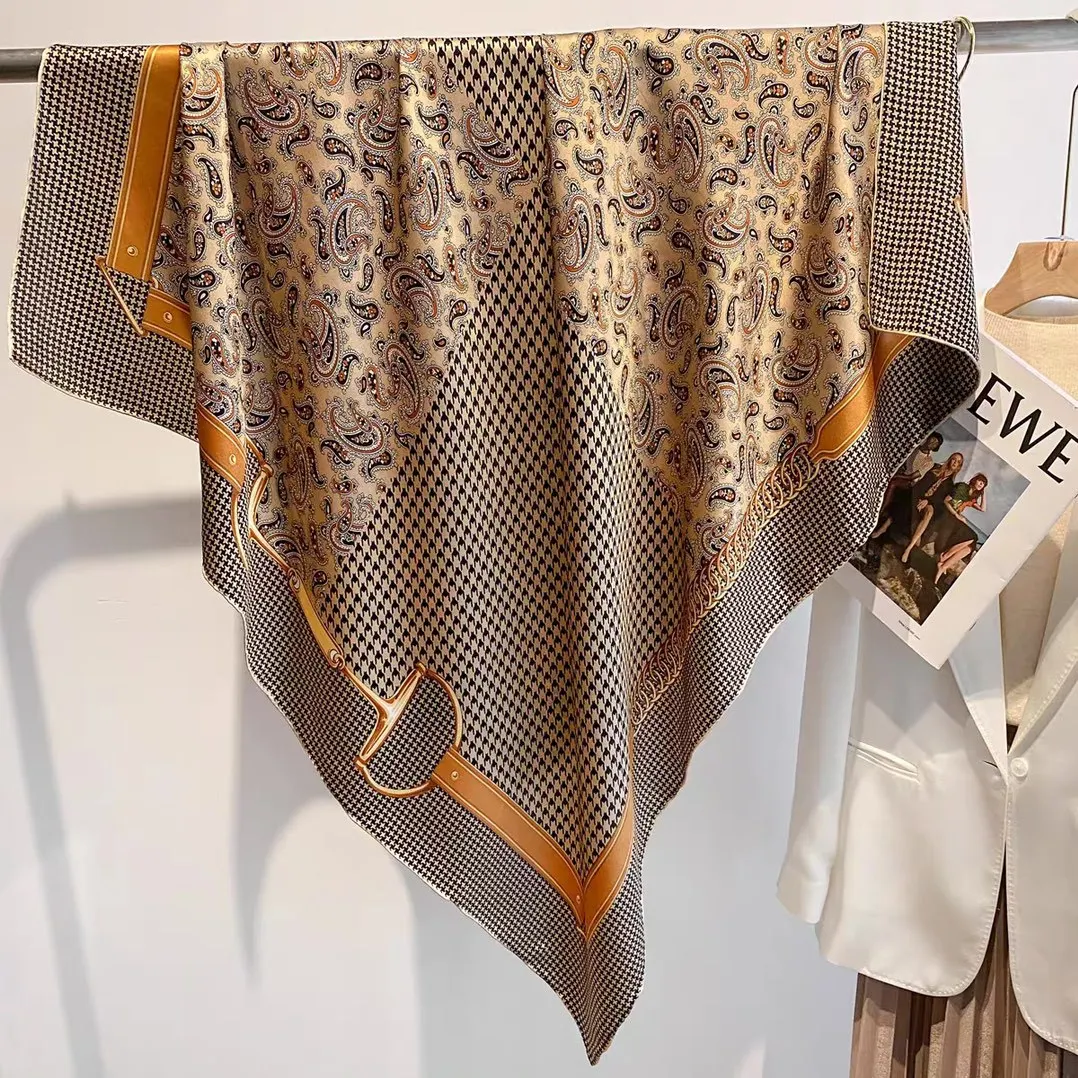 

High-end Elegant Women Fine Walnut Flower Patchwork Print Quality 12MM Plain Satin Silk Satin Hand-rolled Edge Big Scarf Shawl