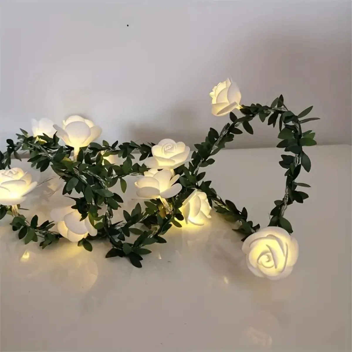 1pc 10LED White Rose With Green Leaf Vine String Light Courtyard Garden Decorative Lamp Battery Operated Suitable For Home Decor