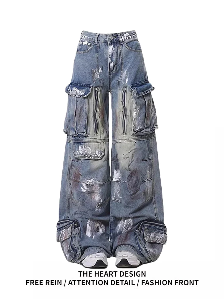 

American Design Multi-ket Spray Painted Digital Print Women's Denim Jeans Heavy Work Streetwear Trousers Casual High Waist...