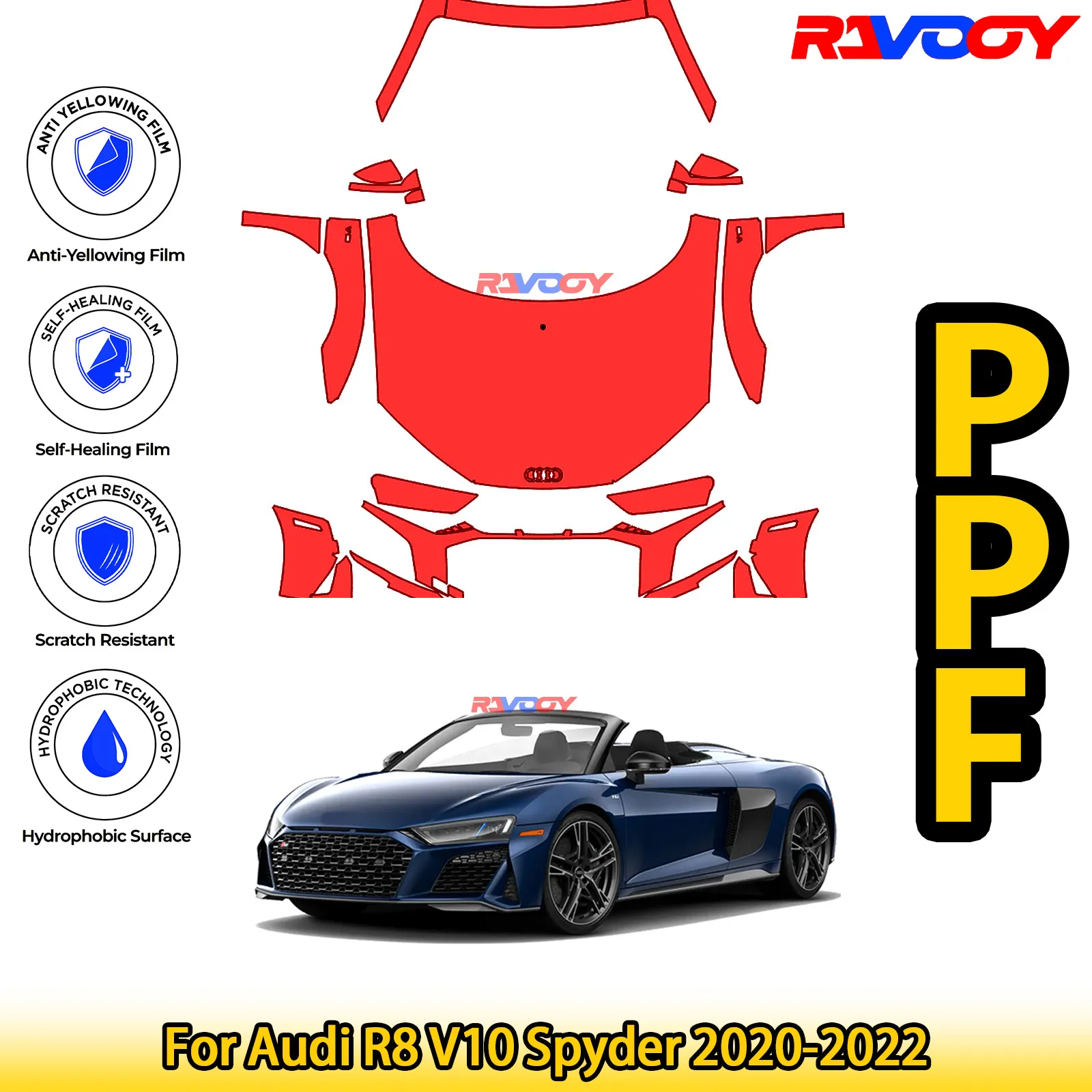 

For Audi R8 V10 Spyder 2020-2022 Glossy Matte Black Precut front PPF Kit Paint Protection Film
