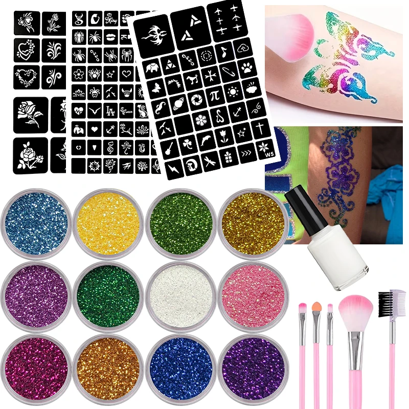 12 Colors DIY Glitter Flash Tattoo Kit, Cartoon Temporary Tattoo Stickers with Multiple Stencil Templates, Tattoo Glue & Brushes