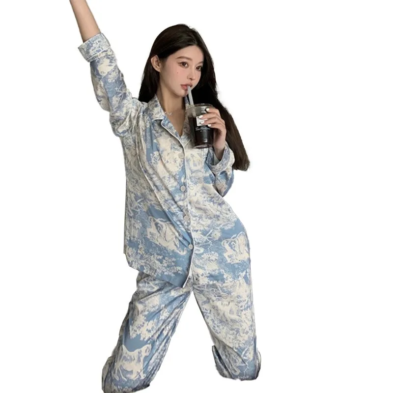 2023 خريف جديد الحرير الجليد المرأة بيجامة التلبيب زر سترة وتتسابق للنساء 2 قطعة مجموعة موضة الطباعة مجموعة الملابس للنساء