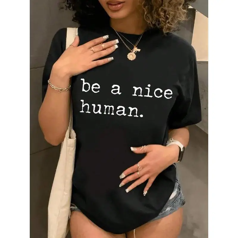 

Women's "Be A Nice Human" T-Shirt Positive Quote Graphic Tee Inspirational Casual Summer Cotton Top Kindness Gift
