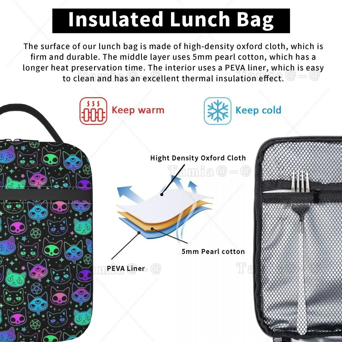 Colorful Cat Heads With Bright Star Pattern Insulated Lunch Bag for Women Kids Leakproof Food Boxes Thermal Lunch Box Tote