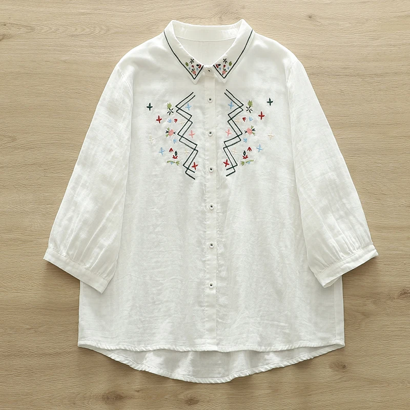 

Лето-Осенние хлопковые топы с волнистой цветочной вышивкой, женская одежда белого цвета, утягивающие рубашки и блузки с рукавами три четверти U191