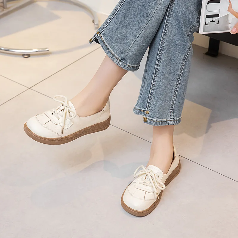 Geunine leather ethnic shoes for women 2025 plus size retro mom slip on moccasins woman casual real leather lace up sneakers