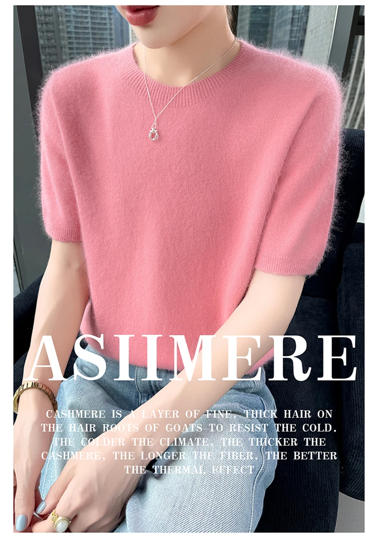 Neuer gestrickter Damen-Pullover aus 100 % Nerz-Kaschmir mit kurzen Ärmeln, einfacher und vielseitiger Damen-Pullover mit O-Ausschnitt der Marke FRSEUCAG – Detail 7