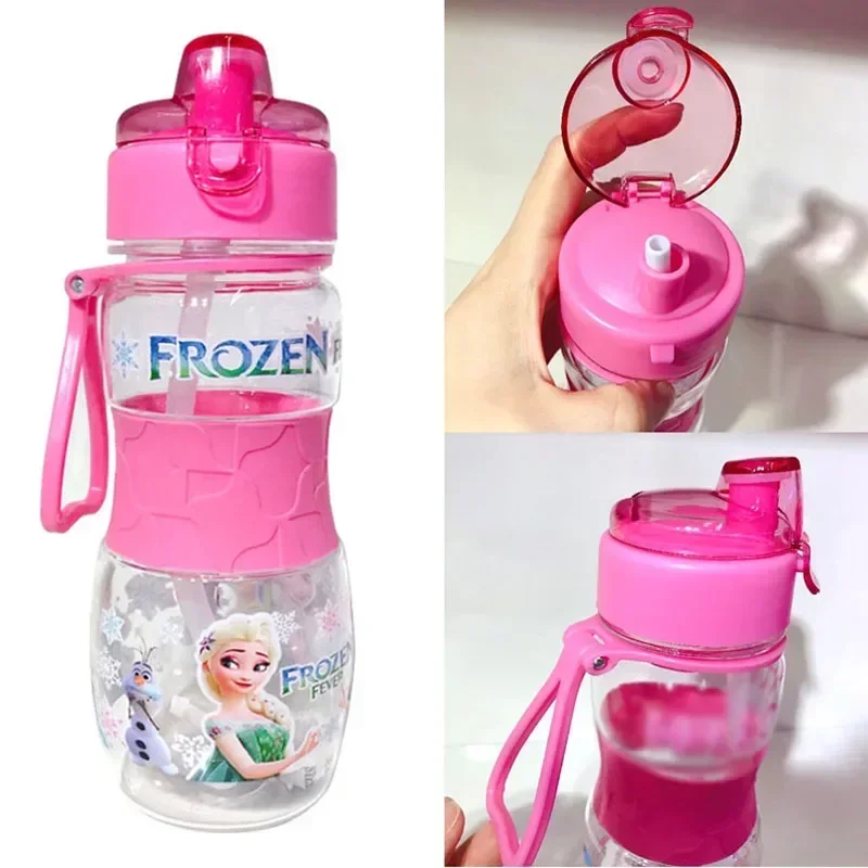 Disney-botella de agua de Elsa con pajita, Frozen McQueen, dibujos animados, gran capacidad, vasos para beber, botella portátil para exteriores, regalos para niños