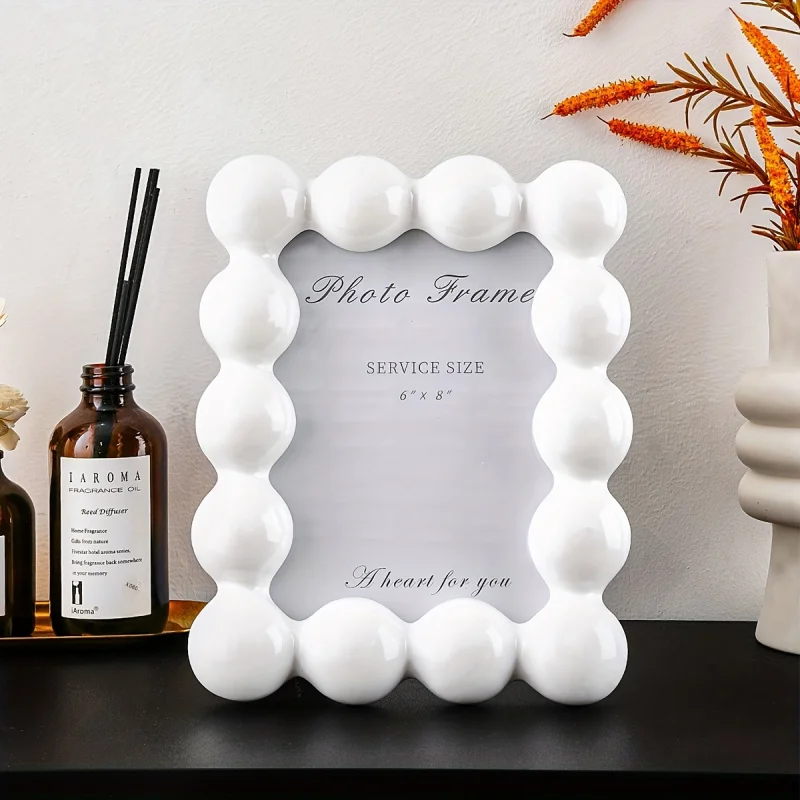 

8-Inch Pearl Bubble Photo Frame - Versatile Resin Desk Display for Home/Office, Modern Vertical/Horizontal Decor