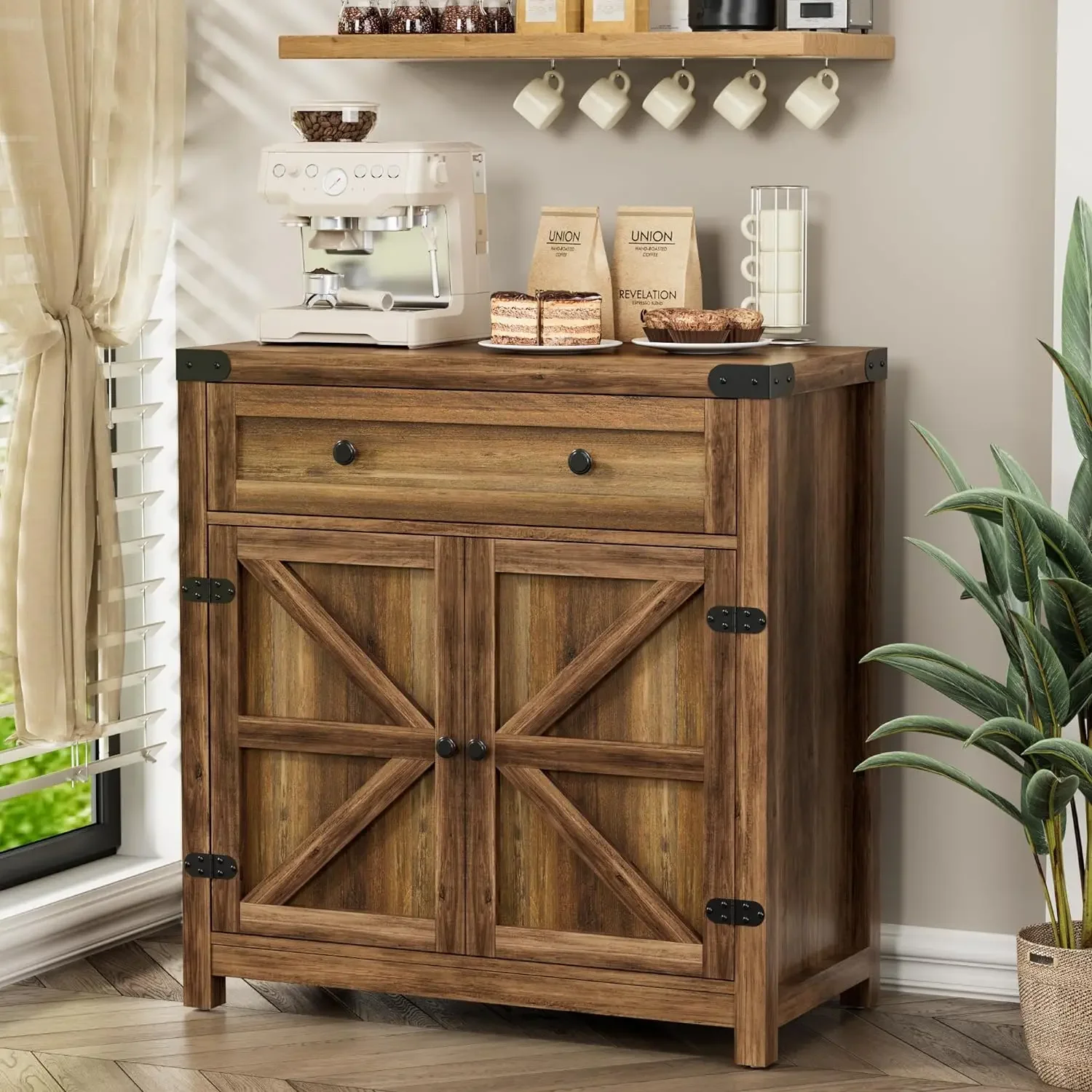 Armário com gaveta e prateleira ajustável, Coffee Bar Accent Cabinet, Farmhouse Barn Door, Buffet Aparador