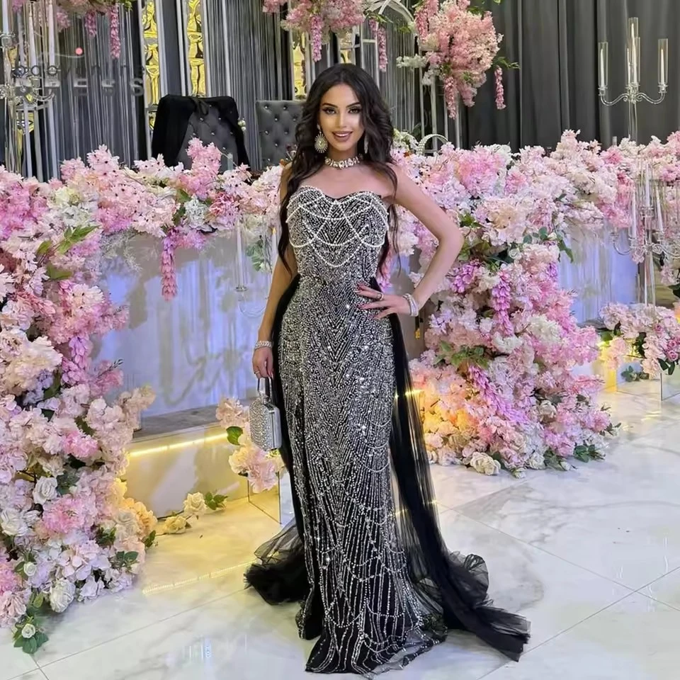 

Новое вечернее платье 2026 года: роскошное, расшитое пайетками и бисером, без бретелек, с открытой спиной, для выпускного вечера, сексуальное, с прозрачными вставками, разрезом и шлейфом из фатина, для торжественных мероприятий