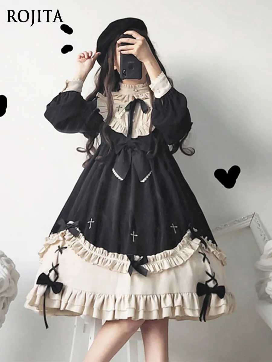 

Long Sleeve Lolita Black Dress for Girls Cute Loose Fit Autumn and Winter OP Dress Women Mid-Length Sweet Princess Dress