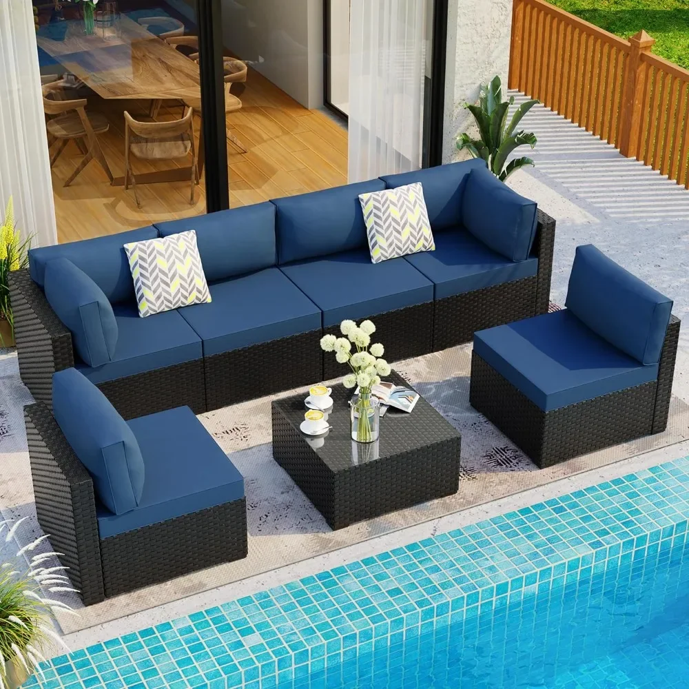 7 Pieces Outdoor Patio Sectional Sofa Couch, PE Wicker Furniture Sets, Patio Sets with Washable Cushions Glass Coffee Table