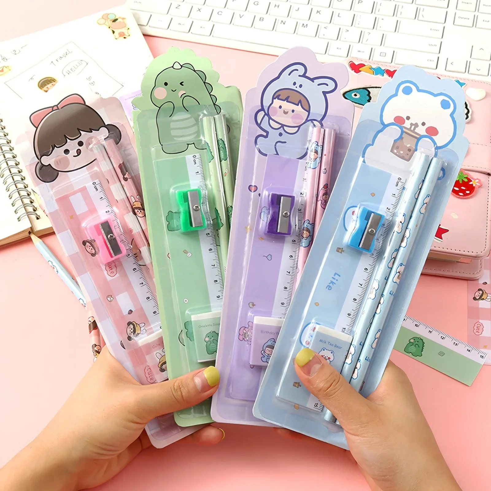 5Pcs Cute Cartoon Pencil Set Sharpener Eraser Ruler  Gift for Kids School Office Writing Supplies Stationery