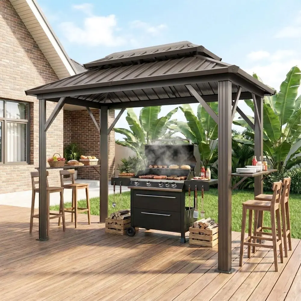 

10' x 6' Grill Gazebo with Double Galvanized Steel Roo, Outdoor Metal BBQ Gazebo Hardtop Permanent Grill with Side Shelves and C