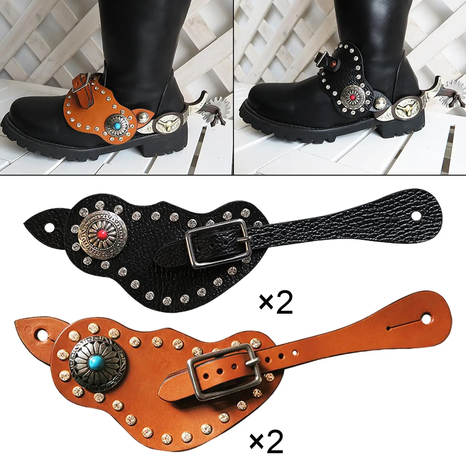 2Pcs Spur Strap with Buckle PU Leather Western Retro Style Handmade Durable 2Pcs for Training Horse Outdoor Women Cowboy Boots