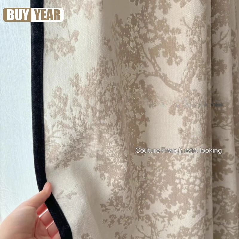 French Bayberry Thickened Blackout Milk Tea Black Edge Curtains for Living Dining Room Bedroom Jacquard Fabric Customization