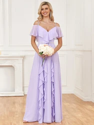 XUIBOL 2024 Women Elegant V-neck Chiffon Evening Dress A-Line Ruffle Long Wedding Party Gown For Bridesmaid New Vestido De Festa