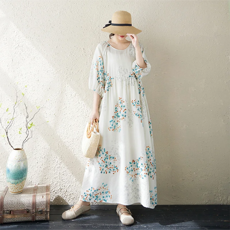 

Summer Artistic Style Loose Fit Lantern Sleeve round Neck Women's Dress Cotton Viscose Blend City Walk Long Dress