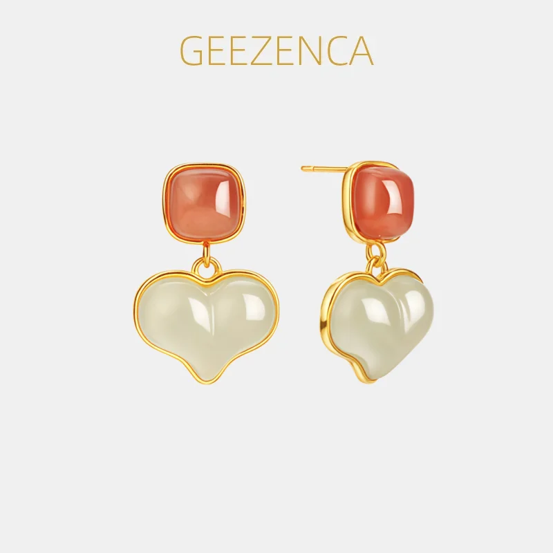 GEEZENCA Square Agate White Jade Heart Charm Dangle Drop Earrings Women 925 Silver Gold Plated Dainty Lightweight Earring Gift