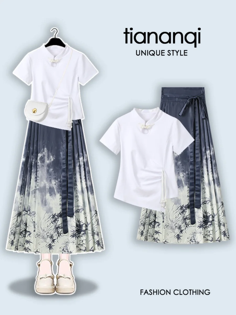 

Chinese Sle plus Size T-irt with Fringe Print Slimming ort Sve Ankle Length Pleated Skirt Faionable Commute Ladywear