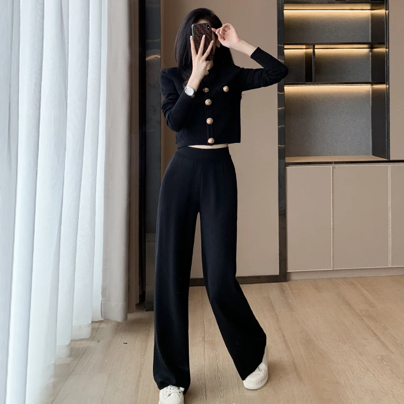 ZJYT Autumn Winter Knitted Pant Sets 2 Pieces for Women Fashion Buttons Long Sleeve Cardigan Sweater Trousers Suit Black Outfit