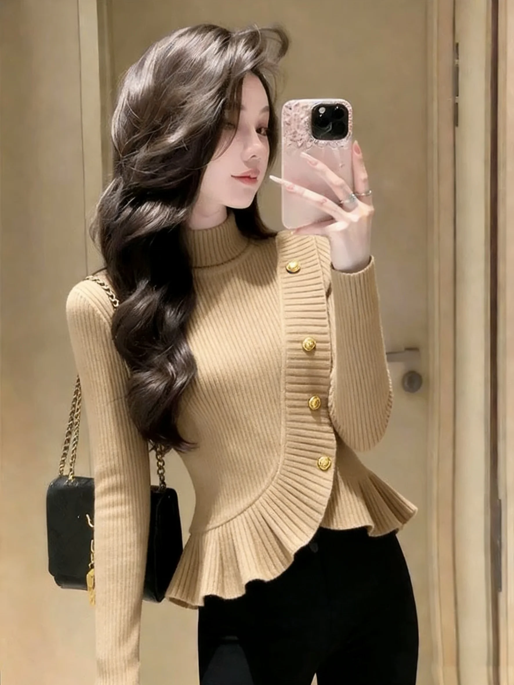 

Ele High Ne Base irt Women's Autumn Winter New Sle Beautiful Waist Cinched Lace Trim Knitwear Korean Sle Slim Fit
